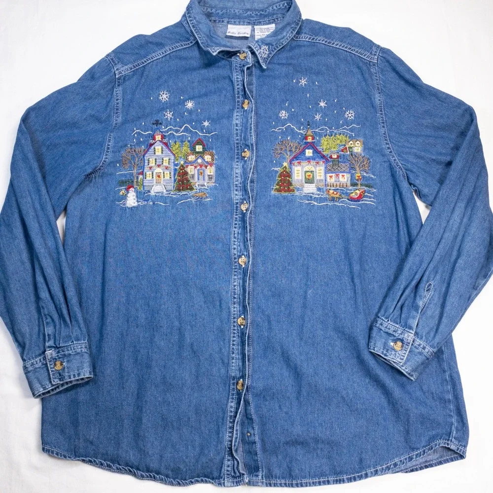 Bobbie Brooks Womens XL Denim Christmas Shirt Winter Village Embroidered Blue